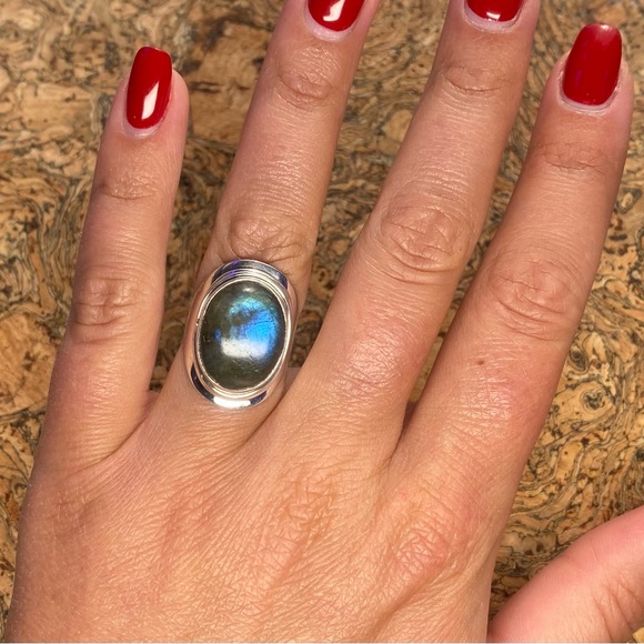 .925 Sterling Silver Blue Green Labradorite Ring Size 7 - Picture 9 of 12